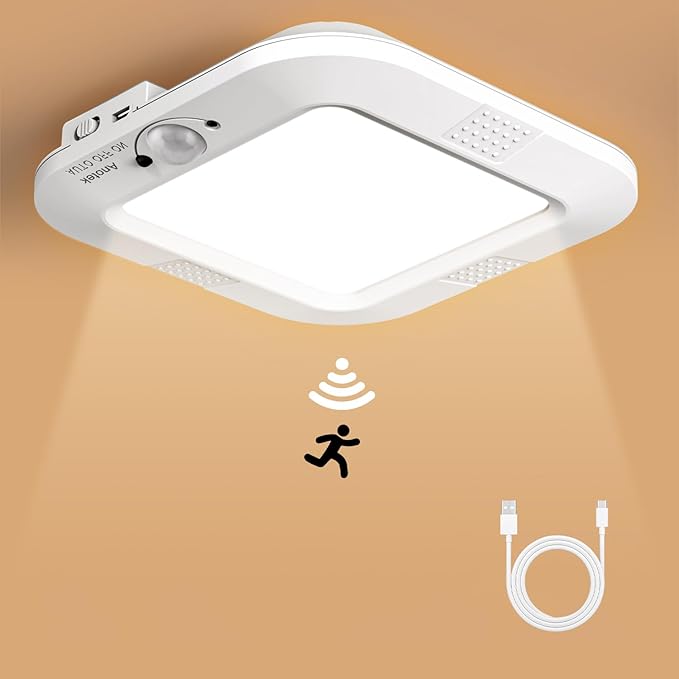 Rechargeable Motion Sensor Ceiling Light, 220LM 6000K Closet Light with USB Cable, 2000mAh Wireless LED Light for Stairway, Hallway, Pantry, Shower, Shed
