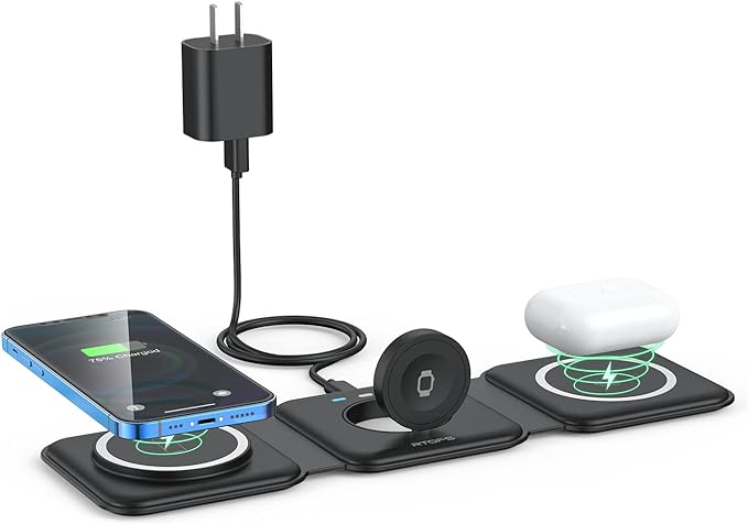 Wireless Charger 3 in 1,RTOPS Magnetic Traval Wireless Charging Station GaN Compatible with Apple Magsafe Multiple Devices for iphone17/16/15/14/13/Pro/Max,iWatch,AirPods4/3/2/Pro(Adapter Includes)