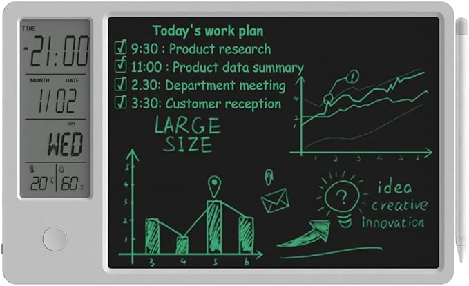 Electronic Desktop Calendar Rechargeable Writing Notepad with Digital Clock Date Time Week Indoor Temperature Display 9.5inch Drawing Pad for Office Home Business(White)