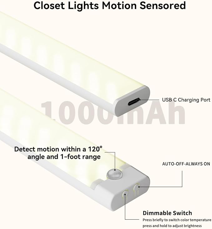 Under Cabinet Lighting Wireless, 3 Packs Rechargeable Motion Sensor Light Indoor Disassembled, 3 Color Temps Closet Light Stick on, 8 Inches Under Counter Lights for Kitchen, Wardrobe, Bedroom
