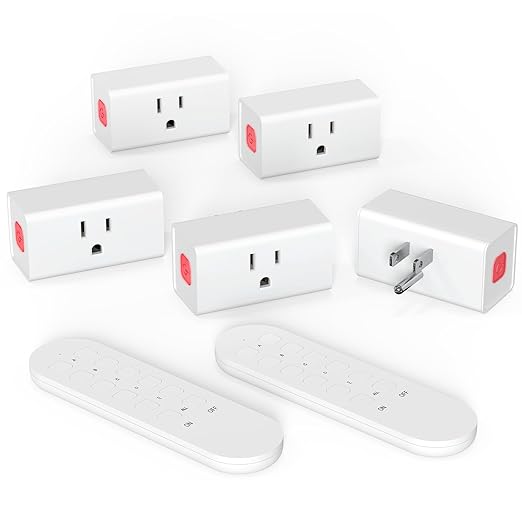 Mini Remote Control Outlet Plug, 15A Wireless Light Switch Plug for Household Appliances, Up to 260 FT Long Range, 5 Outlets + 2 Remotes
