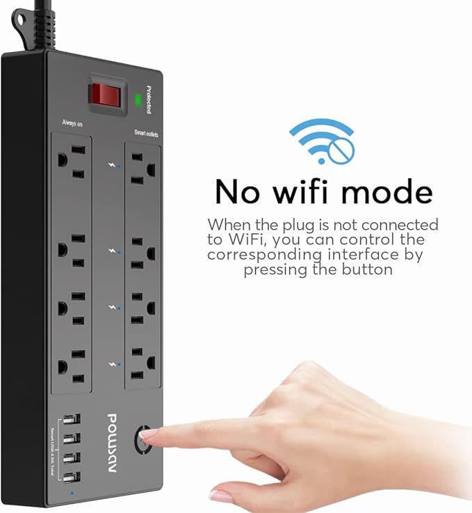 POWSAV 6 Ft WiFi Surge Protector - 8 Outlet Extension Cord with 4 Smart & 4 Always On Outlets, 4 USB Ports, Alexa & Google Home Compatible, Black