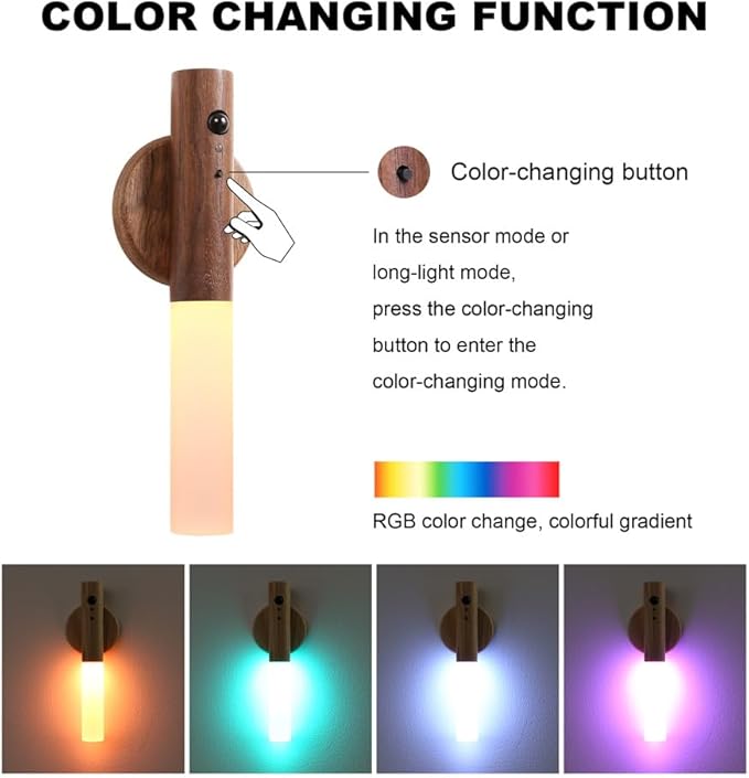 LANDGOO 2 Pack Walnut Night Lights with Motion Sensor & RGB Touch Control | USB-C Rechargeable Wood Wall Sconces Set for Bedroom Pair, Hallway, Staircase, Bathroom Vanity (Luxury Bundle)