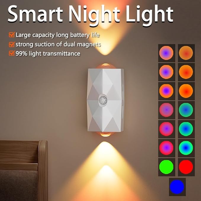 Rechargeable Motion Sensor Night Light, Magnetic RGB Color Changing LED Ambient Lighting, Compact Battery Operated Indoor Wall Light for Hallway, Stairs, Bathroom & Kids Room
