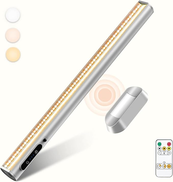 Rechargeable Magnetic LED Light Bar with Remote, Under Cabinet Lighting Wireless, Battery Powered Operated Wall Strip Lights, Dimmable Desk Lamp for Picture Shelf Closet Kitchen – Silver