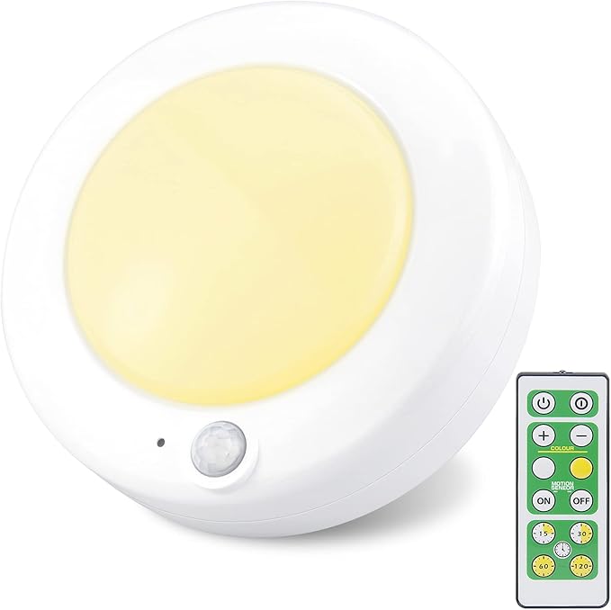 BIGMONAT Wireless LED Shower Light, Battery Powered Ceiling Light with Remote, Motion Sensor Bathroom, Closet Brightness Dimmable, 250 Lumens, 4.8 Inches