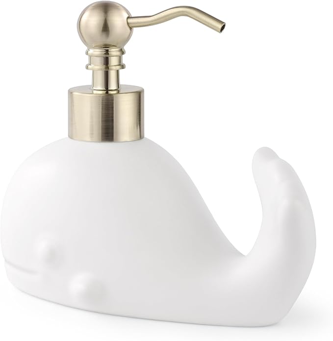 Cute Whale Shape Soap/Hand Sanitizer Metal Pump Dispenser, Refillable for Bathroom Accessories, Gifts for Kids (Matt White)