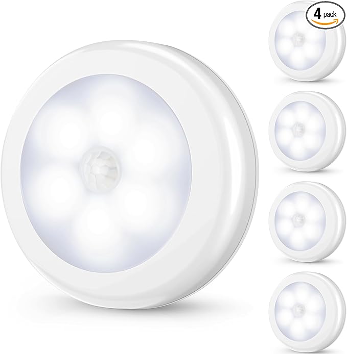 Mlambert 4 Pack Motion Sensor LED Night Light, Cordless Battery-Powered Stick-on Magnet Closet Lights, Safe Lights for Stairs, Cabinet, Cool White
