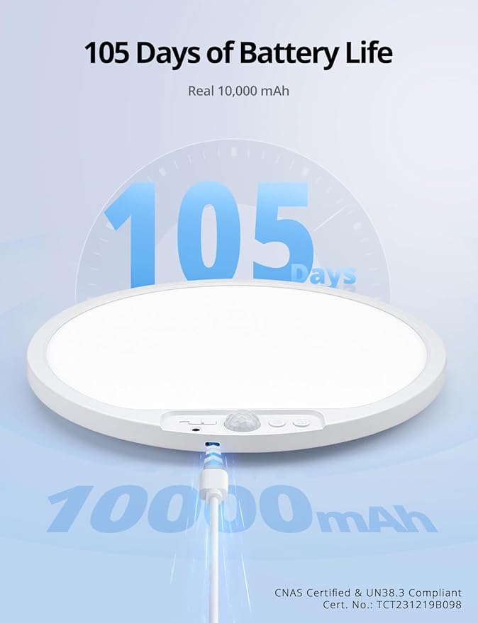 Combuh Rechargeable Battery Operated Ceiling Light for Shower Inside Wireless, 105 Day Battery Life Powered 11.8Inch Bright Waterproof Magnetic RGB Overhead Lighting without Wiring for Closet Bathroom