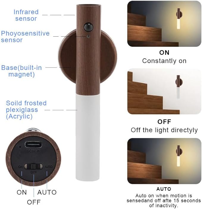 LANDGOO LED Motion Sensor Lights, Set of 2 Battery Operated Stick on Wall Sconces, Rechargeable Lighting for Hallway Stairway, Magnetic 360° Rotation for Indoor Lamps (Black Walnut Wood 2PCS)