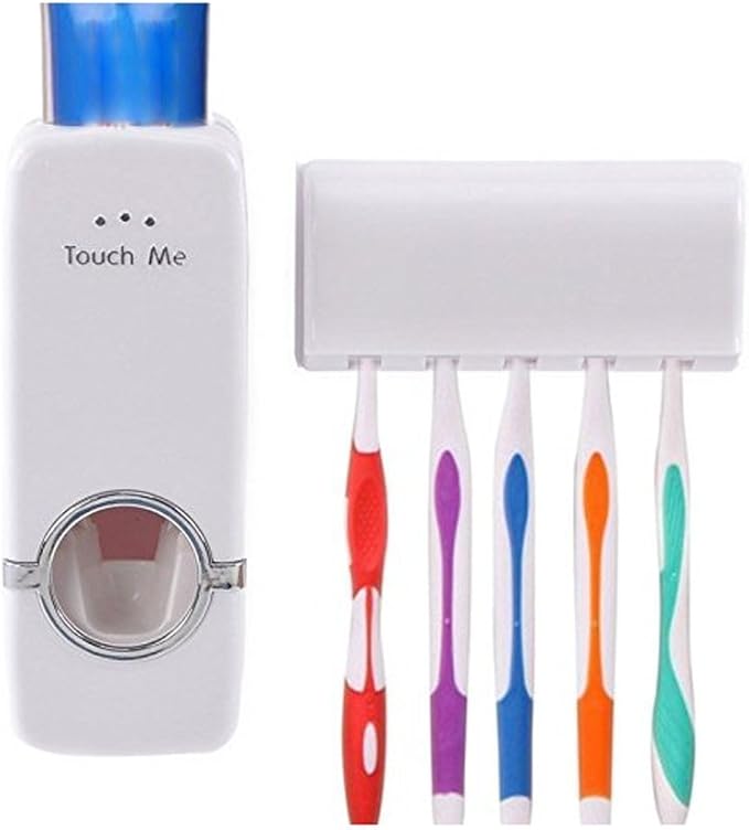 Toothpaste Dispenser + 5 Toothbrush Holder Set Wall Mount Stand