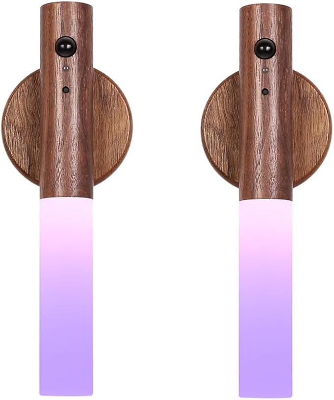 LANDGOO 2 Pack Walnut Night Lights with Motion Sensor & RGB Touch Control | USB-C Rechargeable Wood Wall Sconces Set for Bedroom Pair, Hallway, Staircase, Bathroom Vanity (Luxury Bundle)