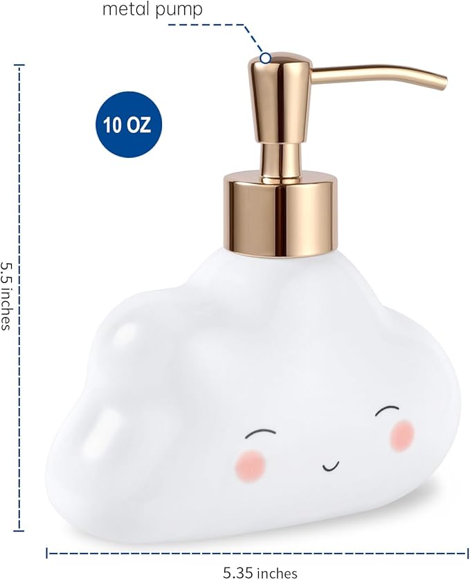 Cute Cloud Shape Soap/Hand Sanitizer Metal Pump Dispenser, Refillable for Bathroom Accessories, Gifts for Kids (White)