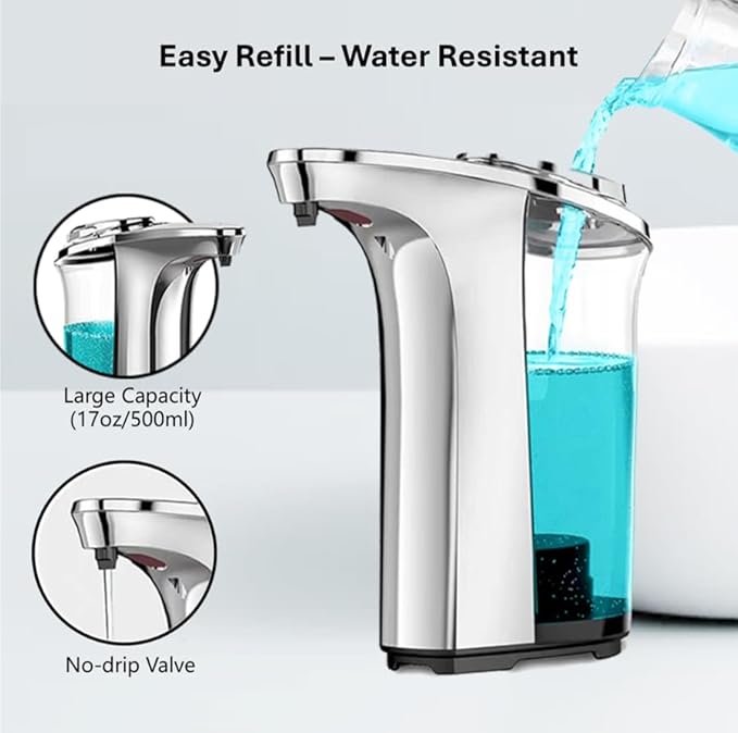 Automatic Soap Dispenser Touchless - Battery Operated Sensor Liquid Soap Pump for Kitchen Sink & Bathroom - Silver Glossy Color, 5 Adjustable Levels, IPX4 Waterproof, 17oz / 500ml