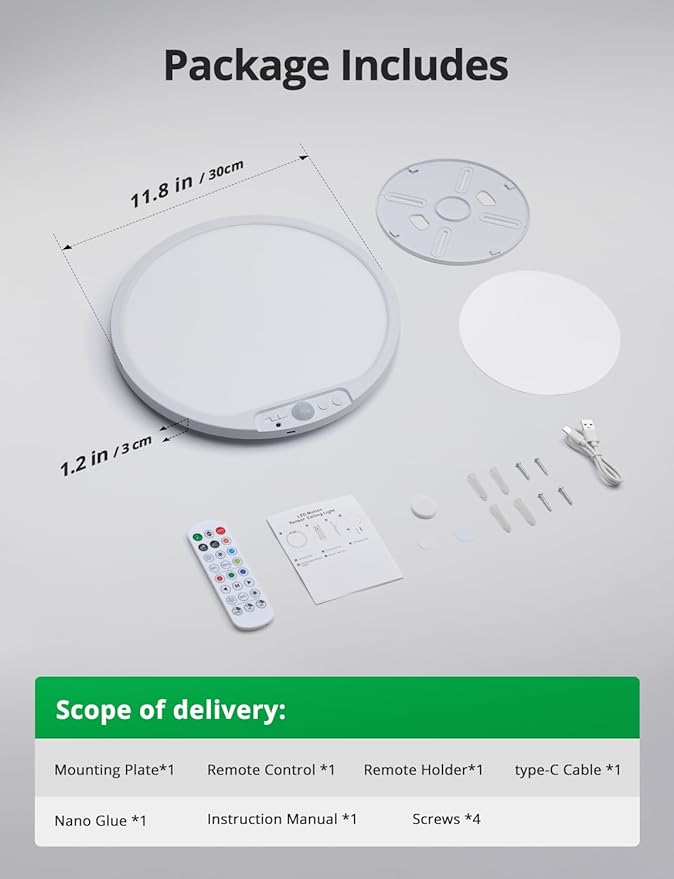 Bojim 10000mAh Battery Operated Ceiling Light with Remote, Rechargeable Wireless Waterproof Shower Light with RGB Backlight, 12 Inch Dimmable Hallway Lamp Motion Sensor for Room Closet Pantry Garage