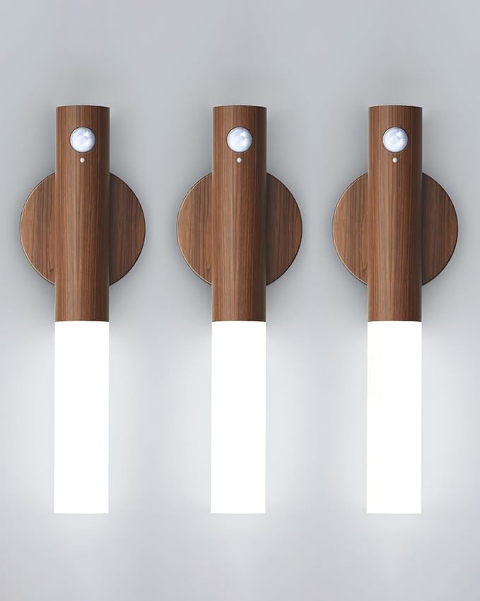 iThird Battery-Operated Wall Sconce Wall Lights: 2200mAh Rechargeable Motion Sensor Magnetic Wireless Stairway Lights Portable Hallway Light Wooden Wall Lighting for Bedroom Stair(White Light)