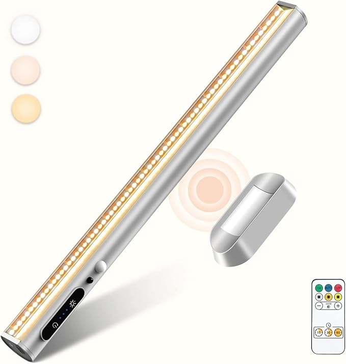 Battery Powered Operated Wall Strip Lights, Motion Sensor LED Light Bar Indoor, Rechargeable Magnetic Under Cabinet Lighting Wireless with Remote Control for Picture Shelf Bathroom – Silver