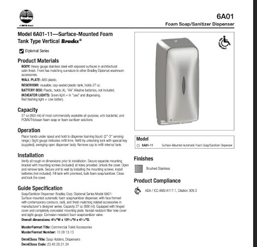 Bradley Diplomat Automatic Touchless Foam Soap/Sanitizer Dispenser for Commercial Restroom, Surface-Mounted, 27 oz Vertical Tank, ADA Compliant, Brushed Stainless Steel, Satin Finish, 6A01-11