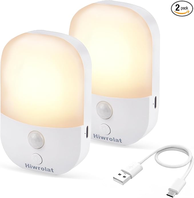 Motion Sensor Night Light, LED Dimmable Warm White Type-C Rechargeable Battery, for Hallway, Bathroom, Stair, Wardrobe, Bedroom, Auto On/Off, 2 Pack