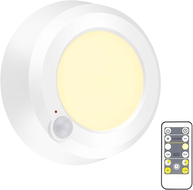 BIGMONAT Wireless Ceiling Light with Remote and Timer, Dimmable Motion Sensor Shower Light, Battery Operated LED Overhead Lighting for Bathroom Closet Hallway Pantry Laundry Stairs, 300LMs, 5.6In
