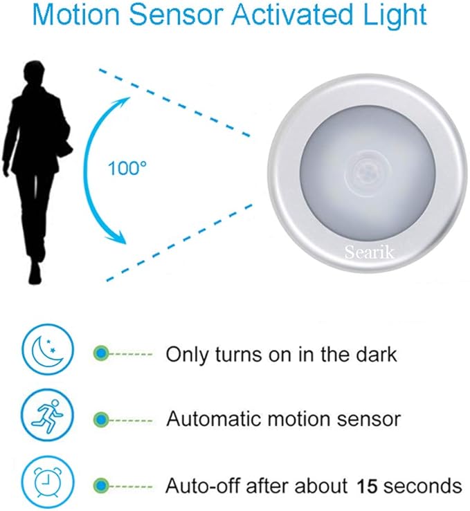 Searik 6 Pack Motion Sensor Lights Indoor, Magnetic Cordless Battery Powered LED Night Light Step Stair Closet Lights Under-Cabinet Lighting Stick On Anywhere Lamp for Home Kitchen Cabinet Bathroom