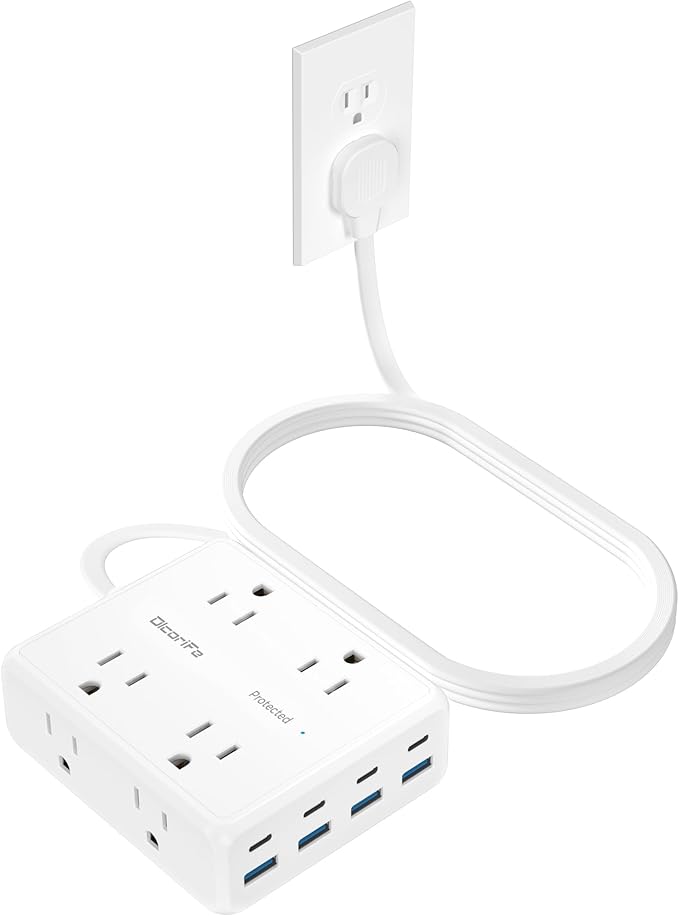 Olcorife Flat Plug Power Strip with 10 FT Extension Cord, 8 Outlets 8 USB Ports(4 USB C), 3 Sided Outlet Extender for Home Office Travel Dorm Room Essentials, White