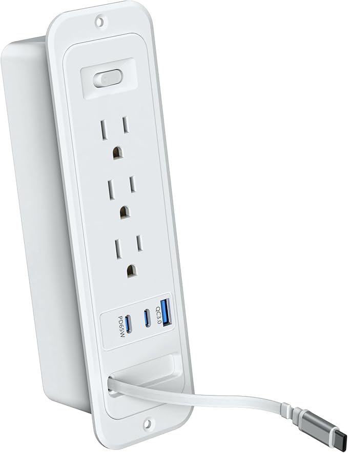Recessed Power Strip with Retractable USB C Cable,2 PD 65W USB C Fast Charging,Flush Mount Countertop Drawer Outlet, Furniture Hidden Outlet for Side Table,End Table,3 Outlets (Grey, 6FT-65W)