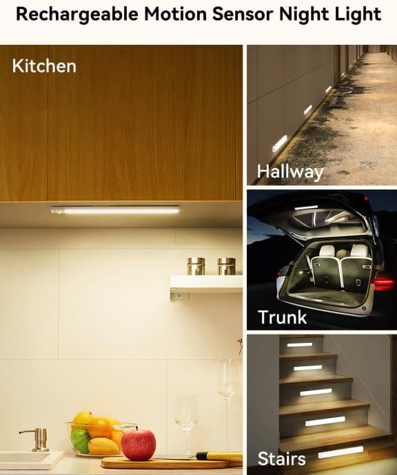 3-Pack Under Cabinet Lighting with charging station 8-Inch Rechargeable Motion Sensor Light Indoor 3 Color Dimmable Closet Light, USB Stick on LED Magnetic Under Counter Lights for Kitchen Stair
