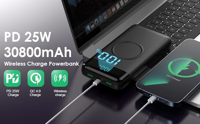 Wireless Portable Charger 30800mAh,15W Wireless Charging USB C Power Bank,25W PD QC 4.0 Fast Charging 4 Outputs Travel Essentials Battery Pack Compatible with iPhone 17/16/15/14/13/12,Galaxy,Android