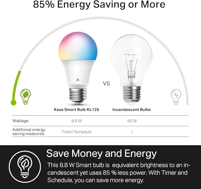 Kasa Smart Light Bulbs, Full Color Changing Dimmable Smart WiFi Bulbs Compatible with Alexa and Google Home, A19, 60 W 800 Lumens,2.4Ghz only, No Hub Required, 2-Pack (KL125P2), Multicolor