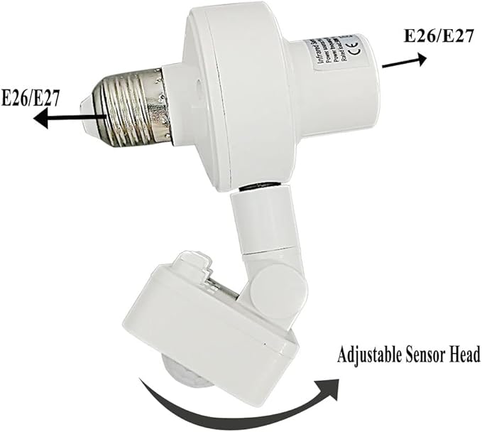 Motion Activated Light Socket,Adjustable Sensor Head, Auto On/Off Light Control,E26/E27 Motion Sensor Light Adapter Only Indoor Use for Porch,Basement,Storage Room