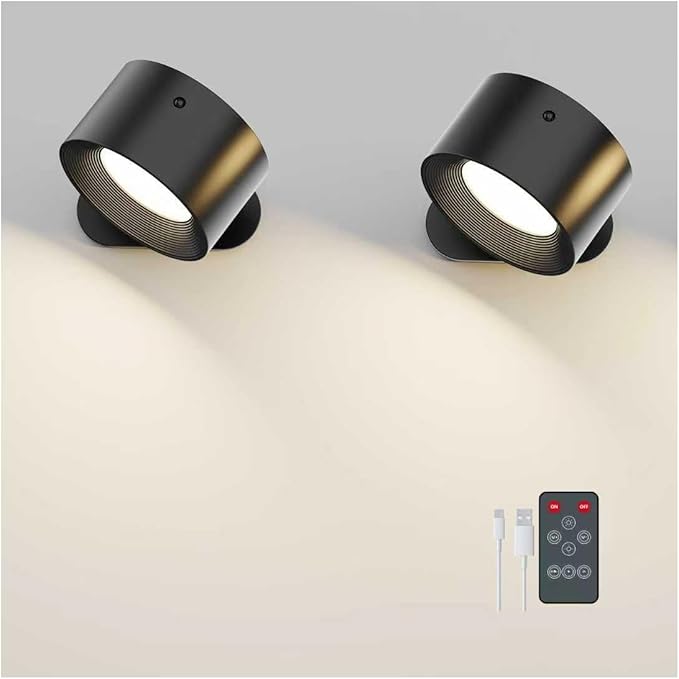 Deyagoo 2PACK Romote LED Wall Sconce - Rechargeable Wall Light, 3 Colors & 3 Brightness Levels, 360° Magnetic Rotating Head, Bedside Reading Lamp, Easy Install Battery Operated Wall Lamp Black
