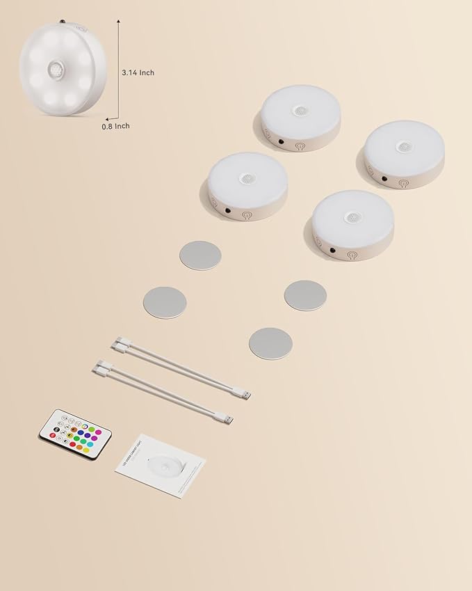 LENOMA Puck Lights with Remote, Rechargeable Under Cabinet Lighting, 3 Color Temps, 12 RGB Color LED Motion Sensor Lights Wireless, Dimmable Tap Lights for Closet, Kitchen, Shelf, Stair, 4 Pack