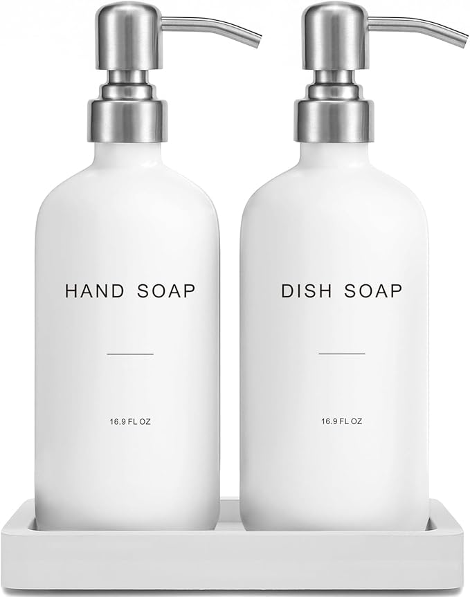 Prus Waso White Soap Dispenser for Kitchen Sink, Dish and Hand Soap Dispenser with Silver Stainless Steel Pump, Perfect for Kitchen Decor and Accessories. (Silver & White)