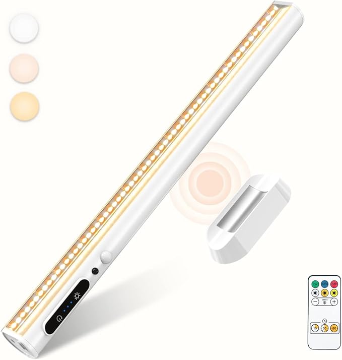 Battery Powered Operated Wall Strip Lights, Motion Sensor LED Light Bar Indoor, Rechargeable Magnetic Under Cabinet Lighting Wireless with Remote Control for Desk Mirror Closet – White
