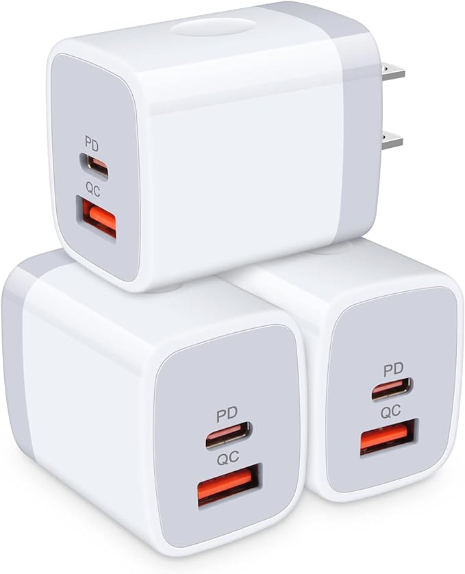 USB C Power Adapter,3Pack 20W 2 Port PD&QC 3.0 Type C Fast Charging Block Wall Charger Compatible for iPhone 17 16e 16 15 14 13 12 11 Pro Max,SE,iPad,8 7 Plus,Samsung Galaxy S21 S20 S10 Plus,Pixel 9 8