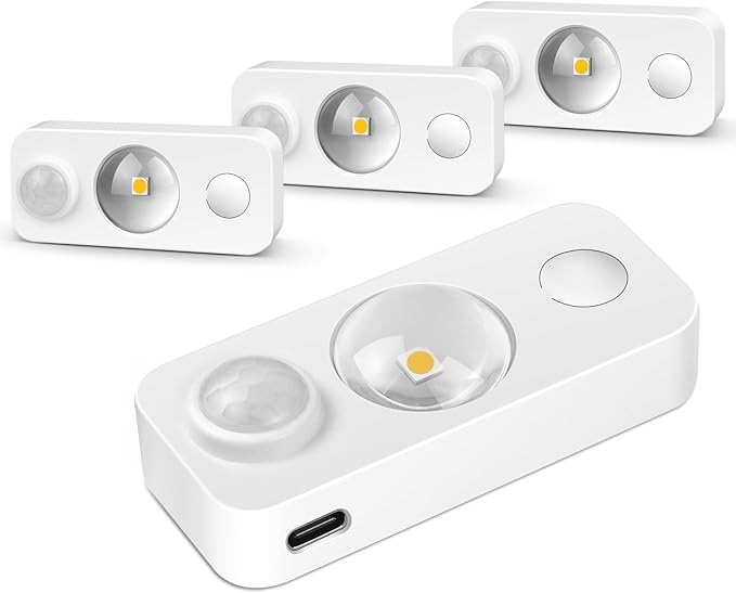 Rechargeable Motion Sensor Puck Lights, Under Cabinet Lights Wireless, LED Closet Lights Battery Operated, Dimmable Stick on Night Lights for Kitchen, Pantry, Stairway, Shelf, Warm White, 4 Pack