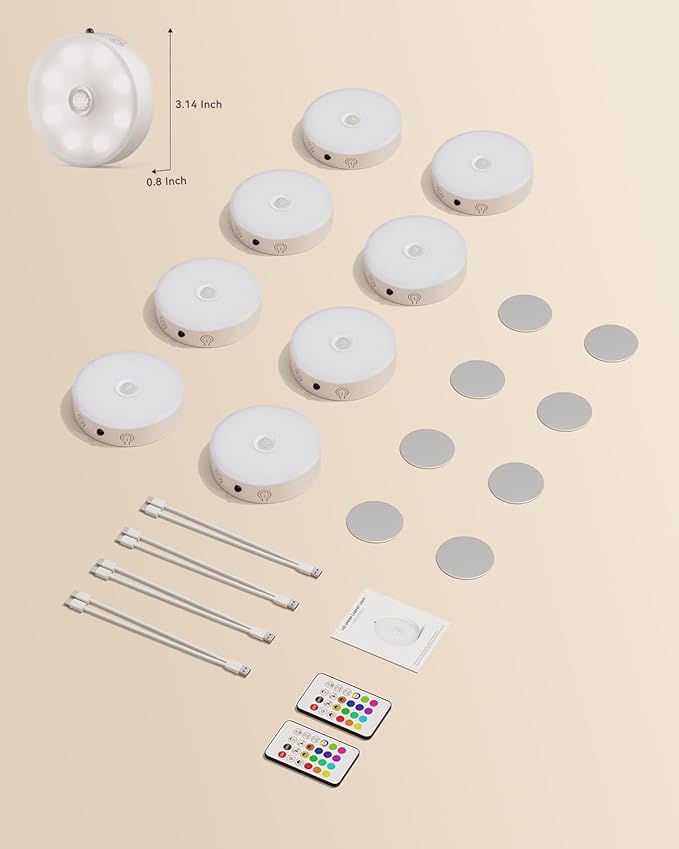 LENOMA Puck Lights with Remote, Rechargeable Under Cabinet Lighting, 3 Color Temps, 12 RGB Color LED Motion Sensor Lights Wireless, Dimmable Tap Lights for Closet, Kitchen, Shelf, Stair, 8 Pack