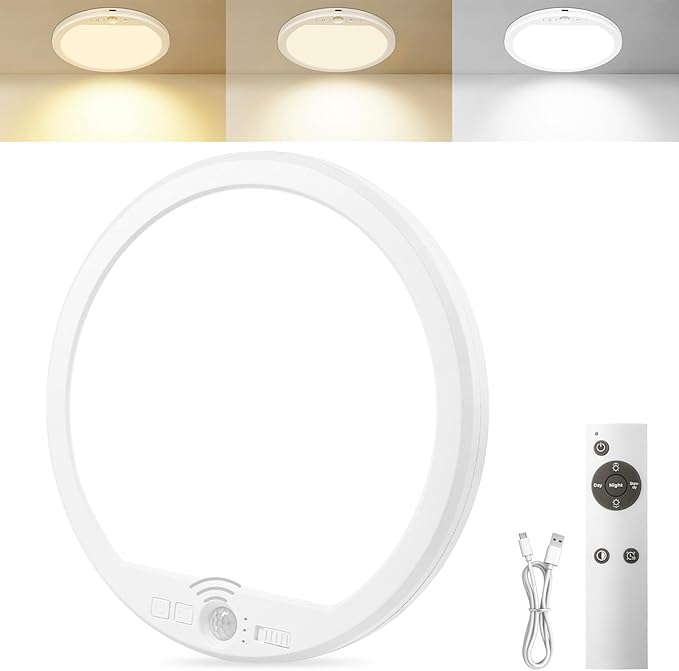 OSIDEN Rechargeable Motion Sensor Ceiling Light with Remote Battery Operated Closet Light Wireless Magnetic Stick-on Night Lights, 3 Color Temperatures & Dimmable for Shower, Shed, Hallway