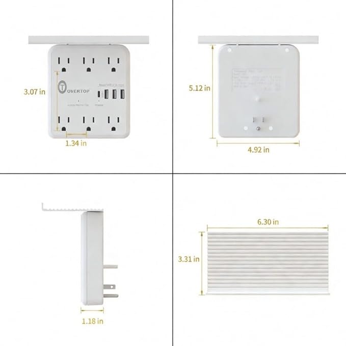 Overtop Power Charger with Shelf, Wall Outlet Extender Surge Protector with 6 AC Outlets, 4 USB Ports(1 USB C) Plug Expander Charger Shelf with Storage for Home, Dorm