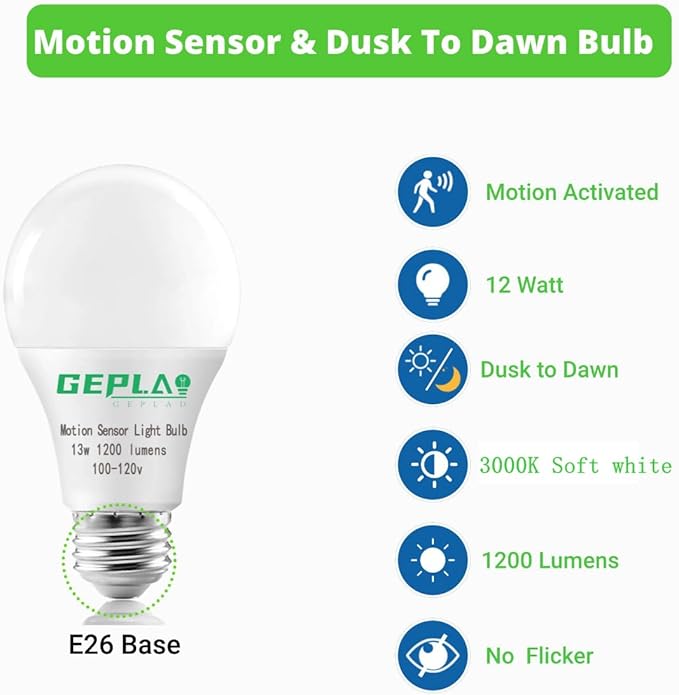 GEPLAD 4-Pack Outdoor Motion Sensor LED Light Bulbs, 12W Dusk to Dawn Bulb, 3000K Soft White 1200LM, A19 E26 Glass-Penetrating Sensor, Upward/Downward Mounting,Perfect for Porch, Garage, Entryway