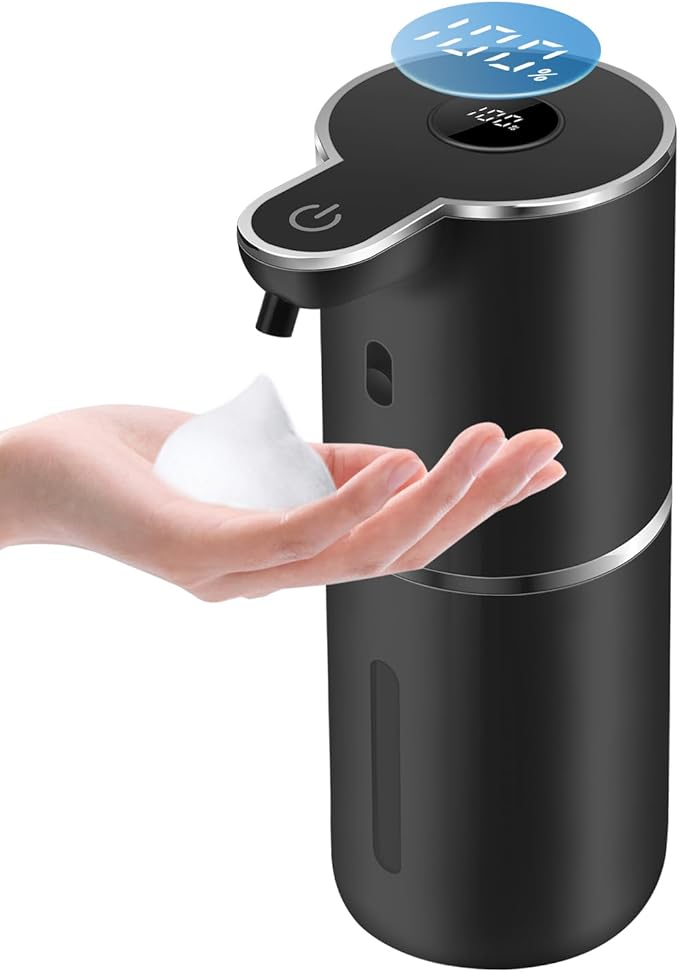 Automatic Foaming Soap Dispenser 12.8oz, Rechargeable & 6 Levels Foaming Adjustable with Digital Display, Wall Mount, Waterproof, Touchless Hand/Dish Soap Dispenser for Kitchen, Bathroom, Hotel