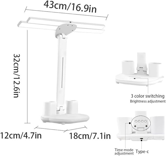 Led Desk Lamp Adjustable Foldable Table Lamp with Pen Holder, 3 Color & Stepless Dimming, Reading Lamp for Study Table Work Office