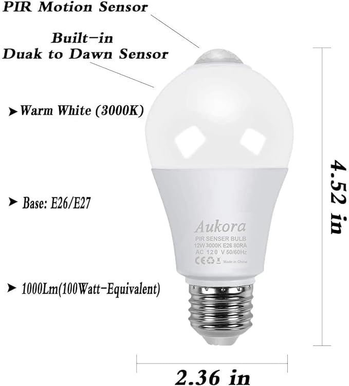 Aukora Motion Sensor Light Bulbs 4-Pack, 12W (100-Watt Equivalent) E26 Motion Activated Dusk to Dawn Security Light Bulb Outdoor/Indoor for Front Door Porch Garage Basement Hallway Closet(Warm White)