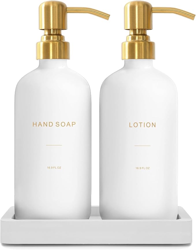 Prus Waso Gold Soap Dispenser Bathroom Set, Hand and Lotion Dispenser with Stainless Steel Pump, Perfect for Modern Bathroom Decor. (Gold)