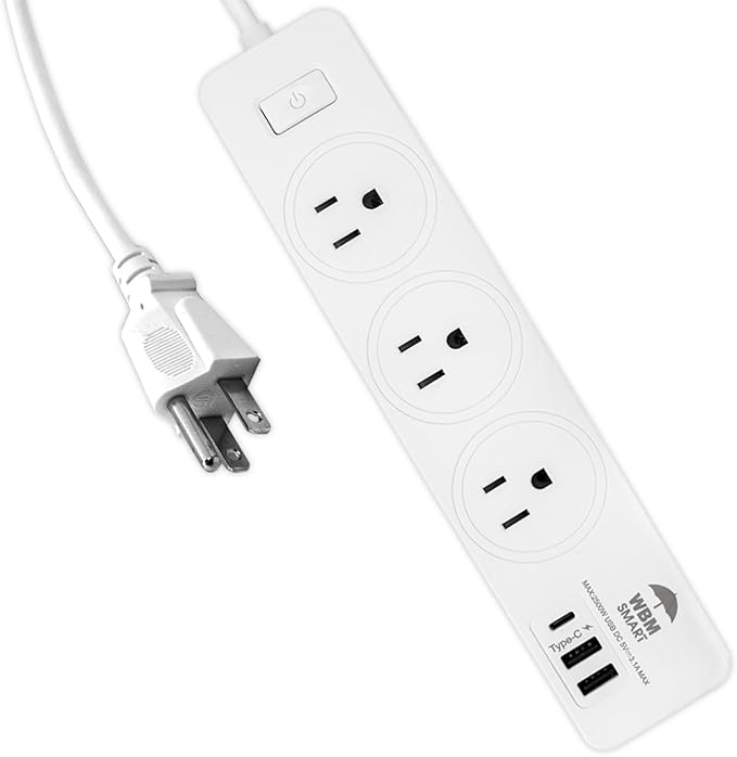WBM Smart Power Strip 5.9 ft 10 A, Extention Cord Socket with 2 USB Ports and 1 Type C Plug, ETL Certified, Multi Outlet Extender for Home, Office, and Dorm Room