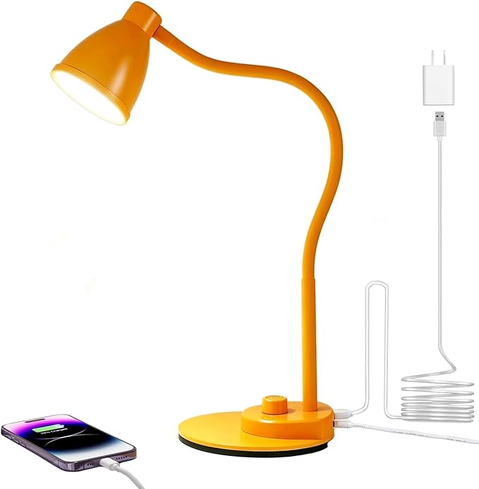 BOHON LED Desk Lamp with USB Charging Port, 3 Color Modes Fully Dimmable Reading Lamp, Auto Dimming Task Lamp, Flexible Neck Table Light for Home Office Dorm Bedside, Bright Yellow
