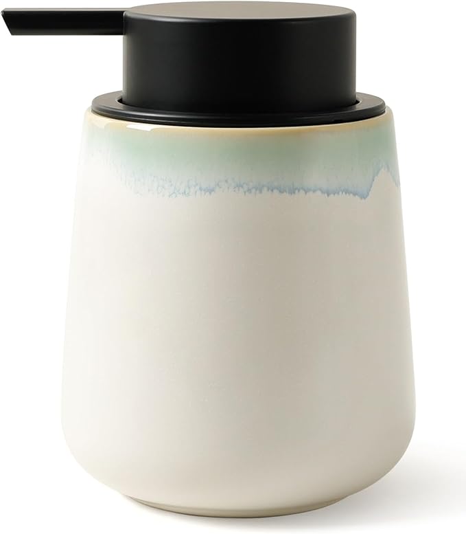 BosilunLife Hand Soap Dispenser - Ceramic Dish Soap Dispenser for Bathroom 12ounce Refillable Liquid Hand Wash Dispenser for Essential Oil, Lotion Soap, White with Blue-Green Rim