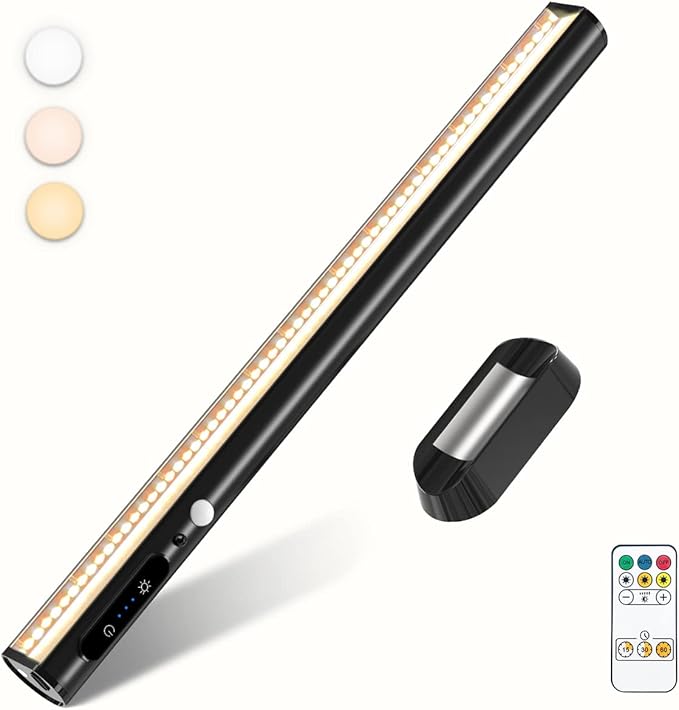 Battery Powered Operated Wall Strip Lights, Motion Sensor LED Light Bar Indoor, Rechargeable Magnetic Under Cabinet Lighting Wireless with Remote Control for Desk Mirror Closet Kitchen-Black
