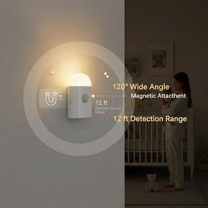Motion Sensor LED Night Lights Warm White with Adjustable Brightness Rechargeable Battery, with Hook and Stick-On for Cabinet, Wardrobe,Closet,Hallway, Stairs (2 Pack)